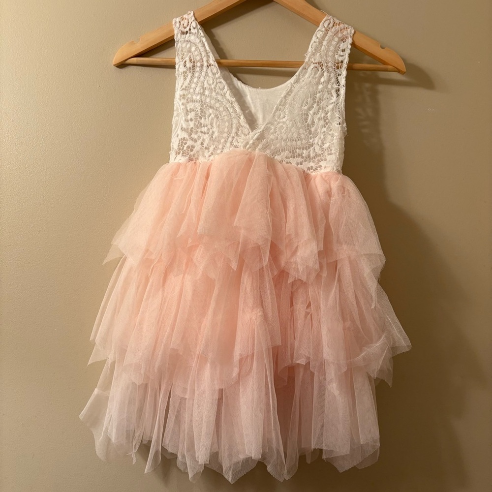 White & Blush Pink Layered Tulle Dress Girls Size 5 - Picture 5 of 8